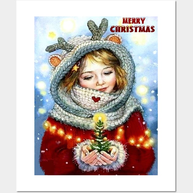 Merry Christmas Young Girl holding a Xmas Tree Vintage Print Wall Art by posterbobs